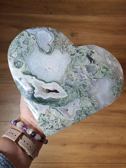 Huge Moss Agate Drusy Puff Heart