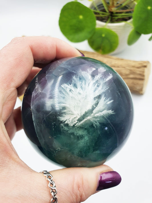 Feather Fluorite Sphere with amazing rainbow flashes