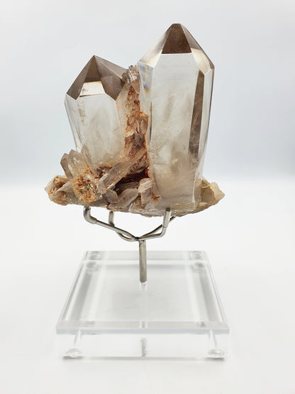 Smoky Quartz Twin Tower Cluster with bespoke Stand