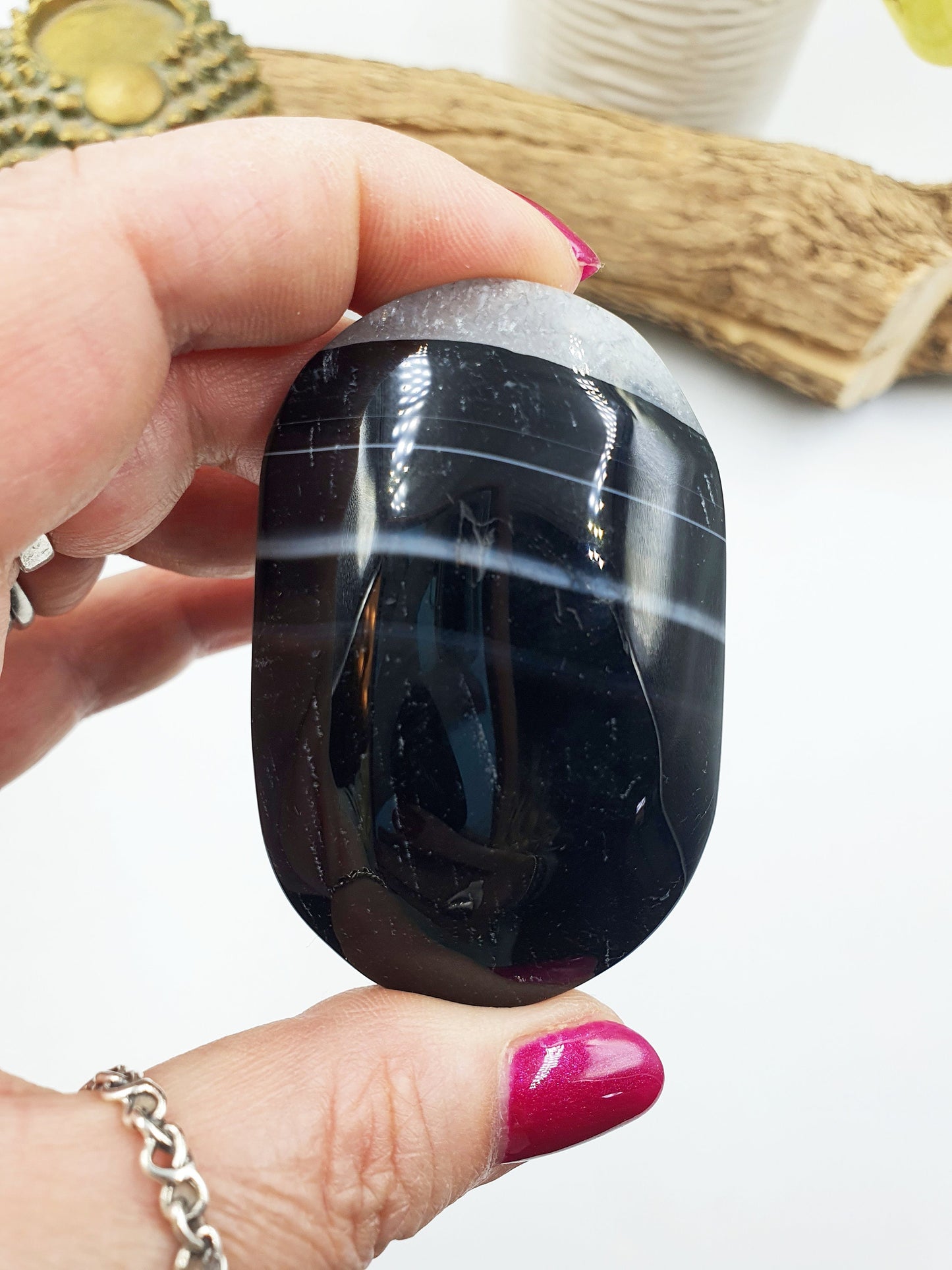 Large Black Banded Agate Drusy Palm