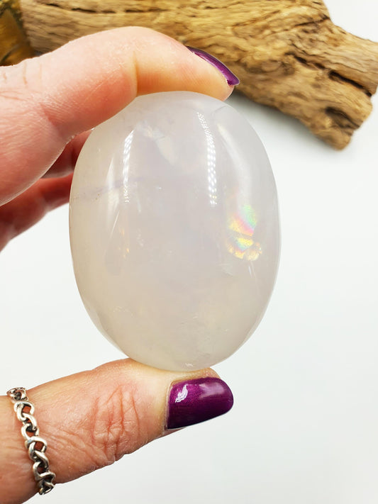 Flashy Blue Rose Quartz Palm with large rainbow