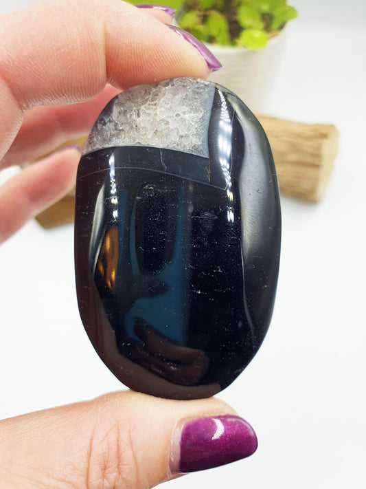 Large Black Banded Agate Drusy Palm