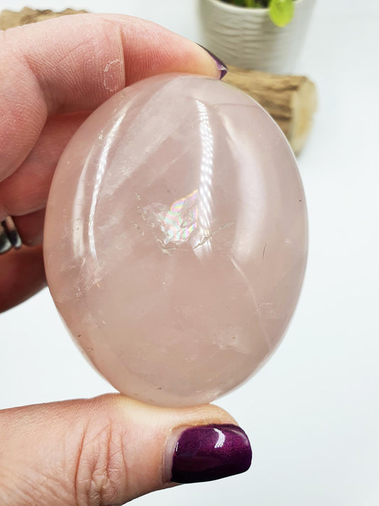 Huge Rose Quartz Palm with rainbow