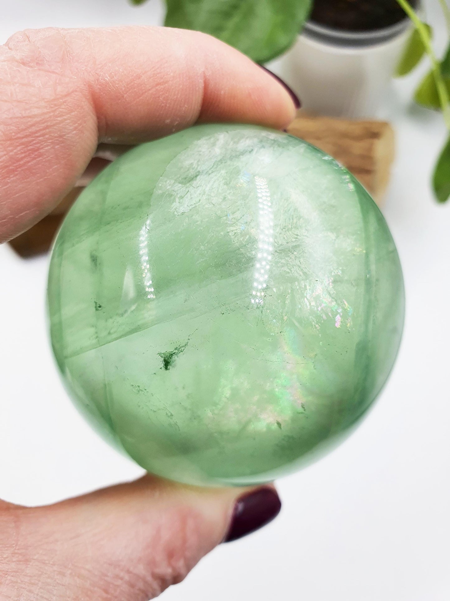 A Grade Green Fluorite Sphere with rainbows