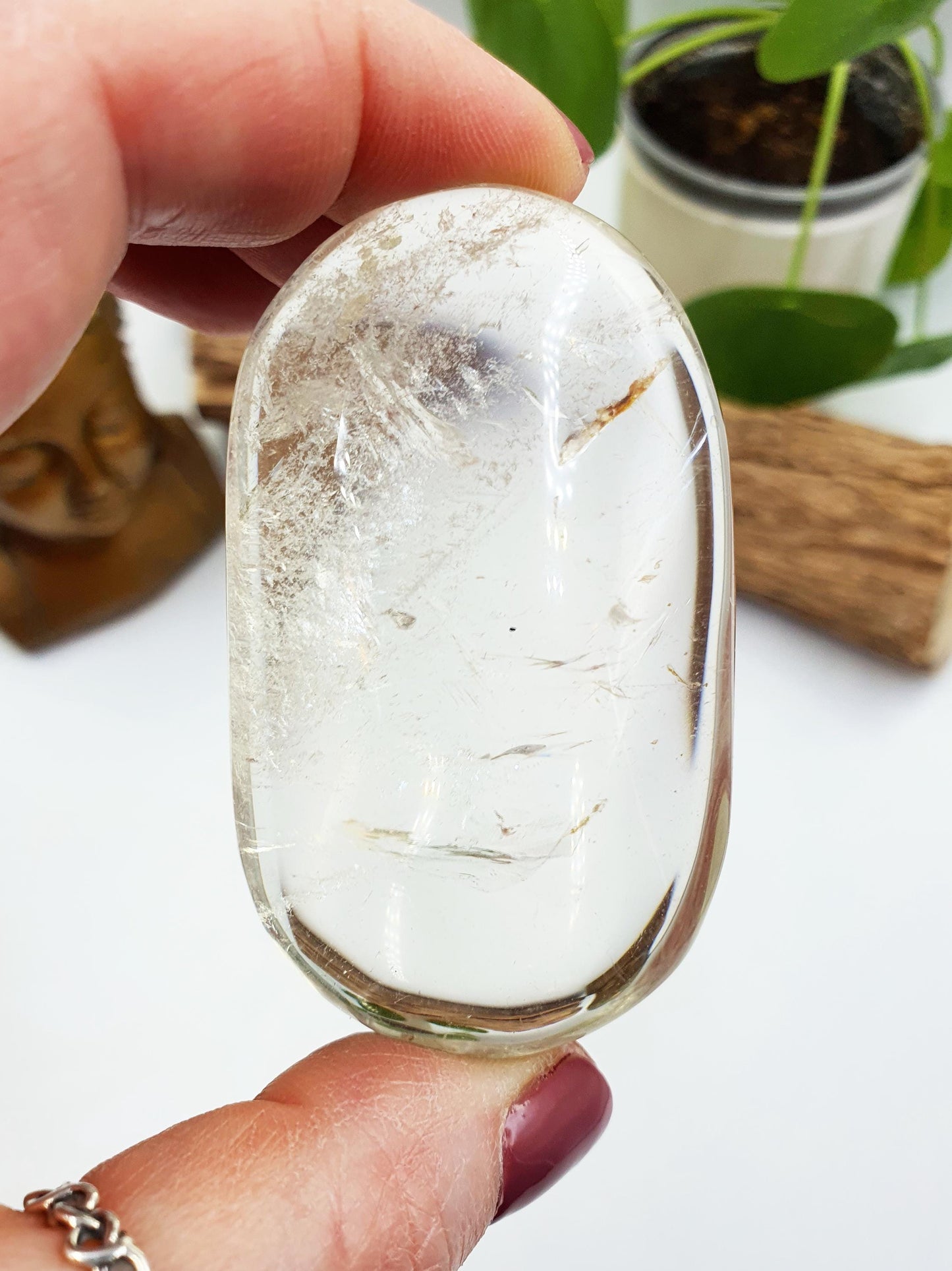 Clear Quartz Palm with shimmering inclusions/ Clear Quartz Palm Stone / Pocket Stone / Clear Quartz Meditation Palm - 95g