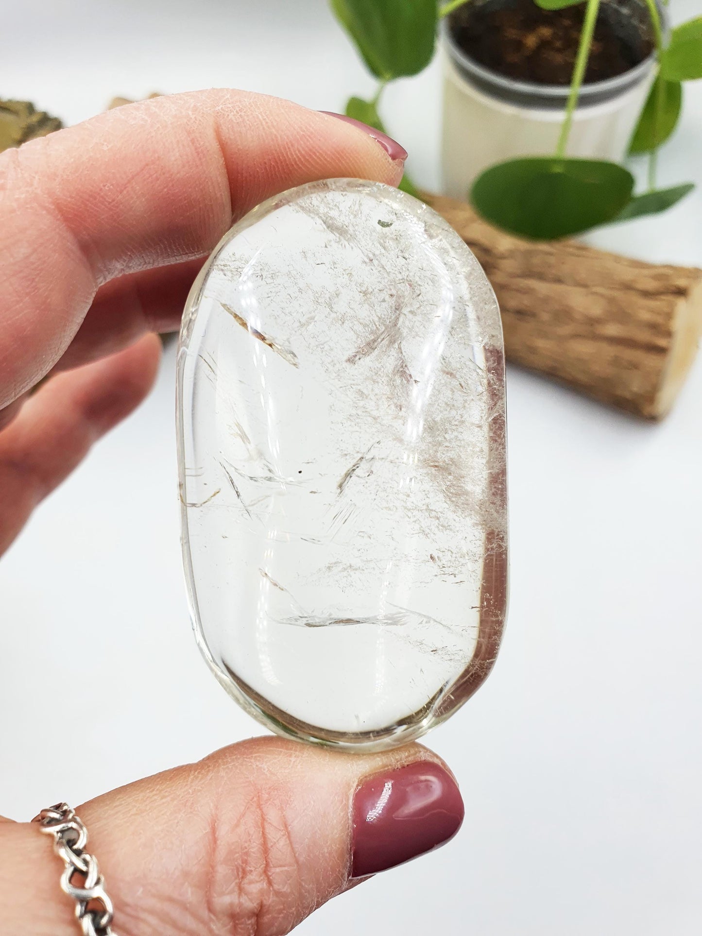 Clear Quartz Palm with shimmering inclusions/ Clear Quartz Palm Stone / Pocket Stone / Clear Quartz Meditation Palm - 95g