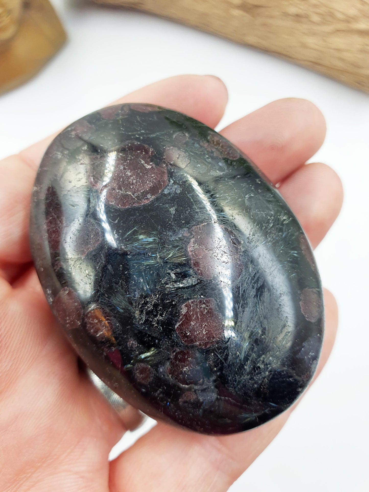 Astrophyllite and Garnet Palm / Firework Garnet Palm Stone / Meditation Palm / Reiki Crystal Palm - 130g