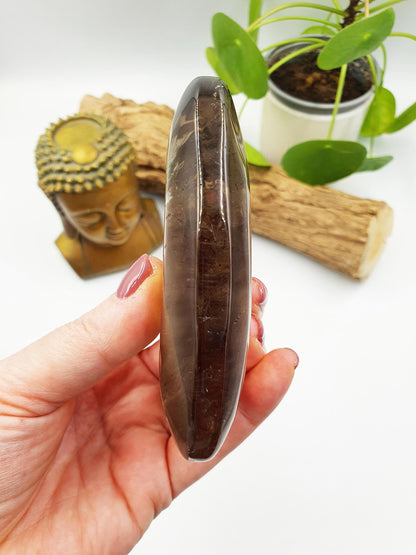 Large Unique Smoky Quartz Palm with shimmering inclusions / Smoky Quartz Palm Stone / Meditation Palm / Reiki Crystal Palm - 230g