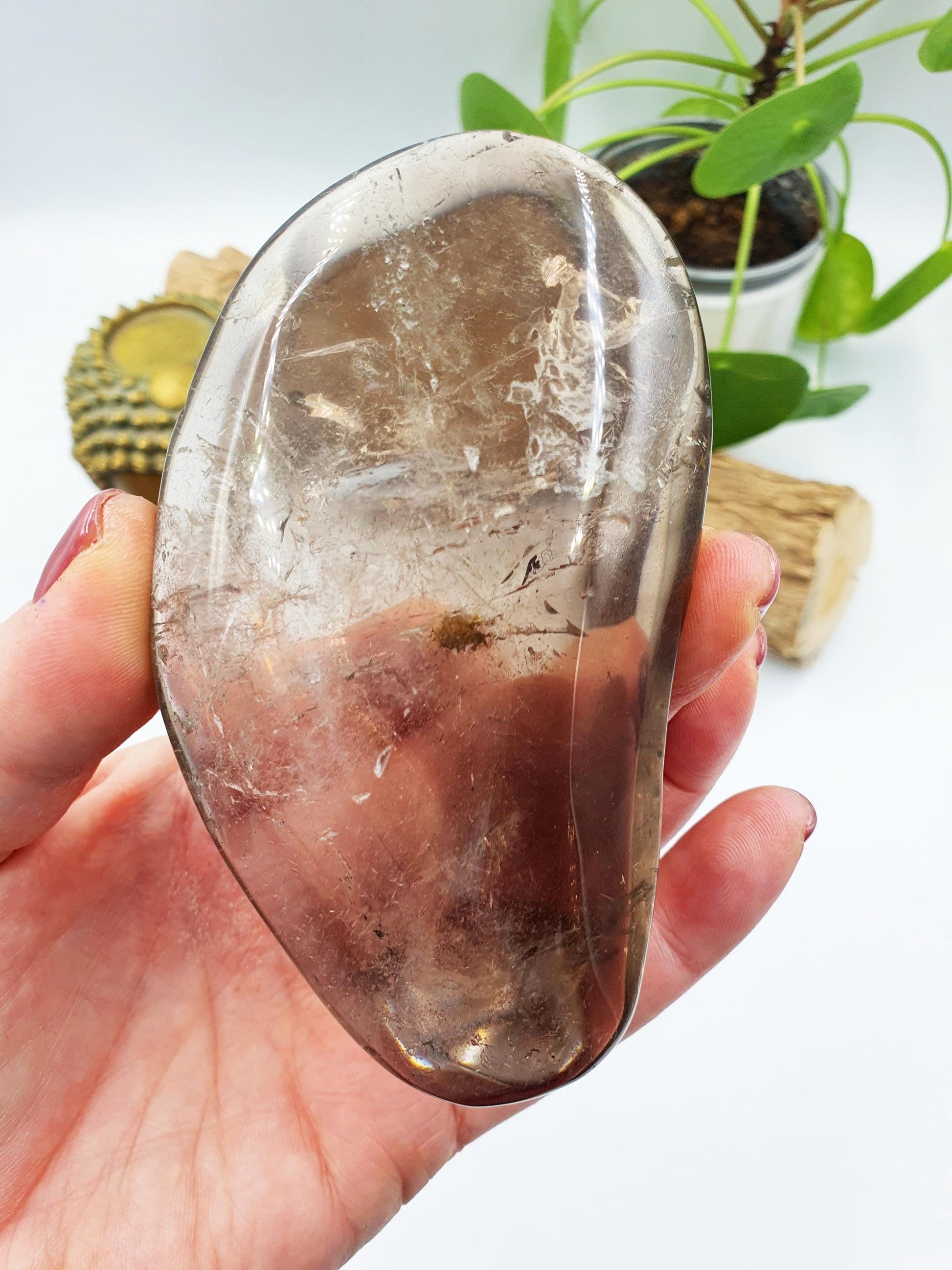 Large Unique Smoky Quartz Palm with shimmering inclusions / Smoky Quartz Palm Stone / Meditation Palm / Reiki Crystal Palm - 230g