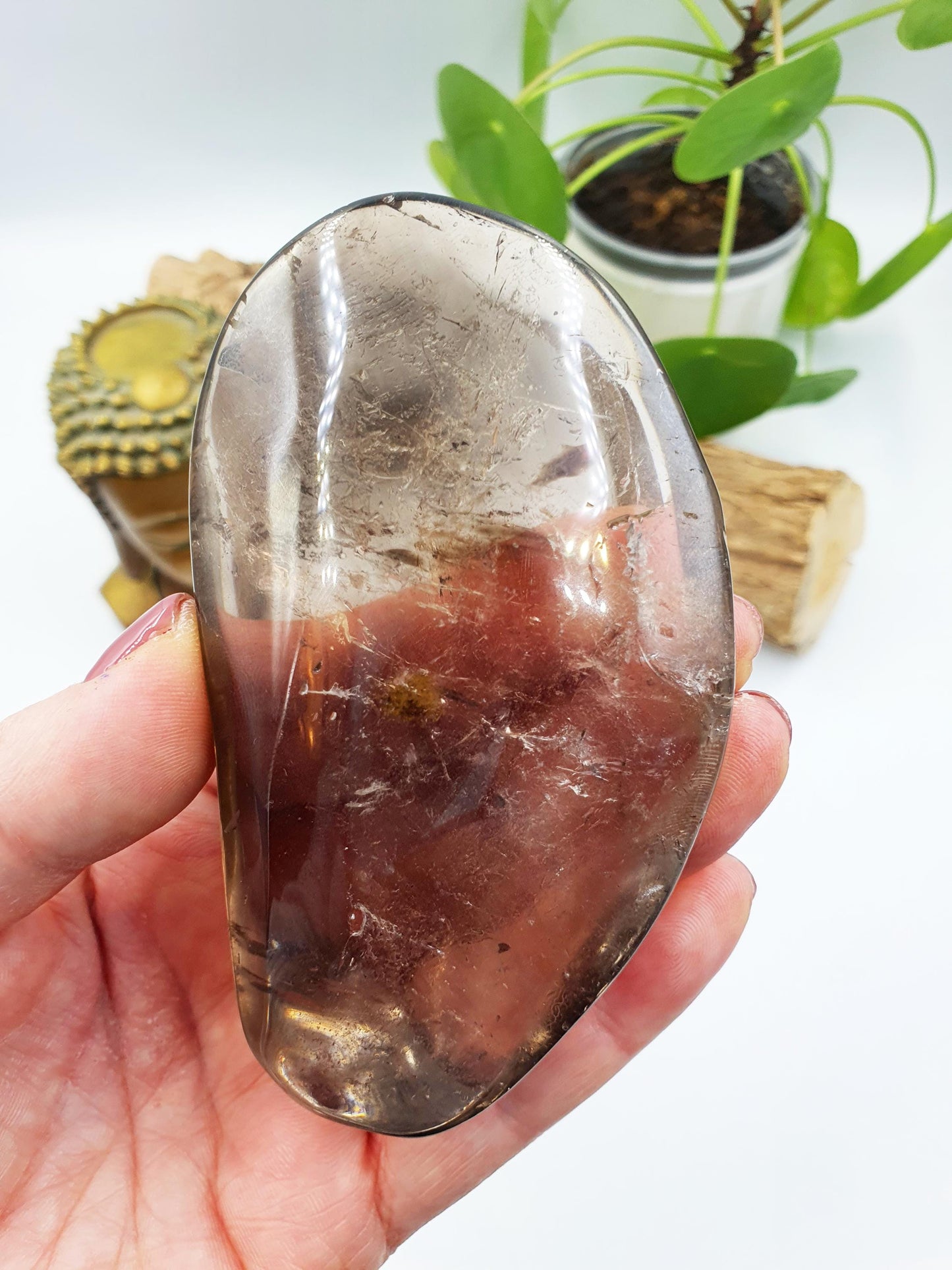 Large Unique Smoky Quartz Palm with shimmering inclusions / Smoky Quartz Palm Stone / Meditation Palm / Reiki Crystal Palm - 230g