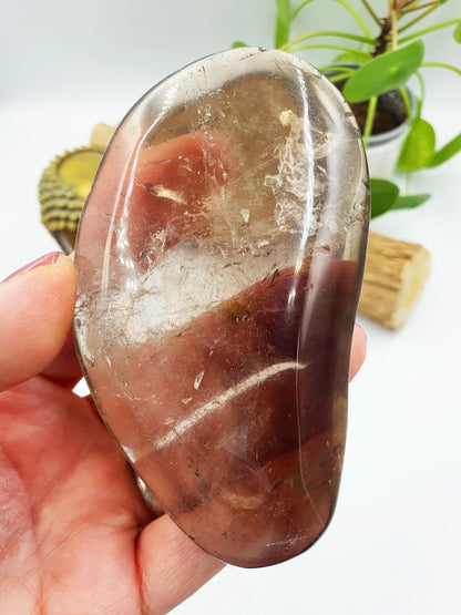 Large Unique Smoky Quartz Palm with shimmering inclusions / Smoky Quartz Palm Stone / Meditation Palm / Reiki Crystal Palm - 230g