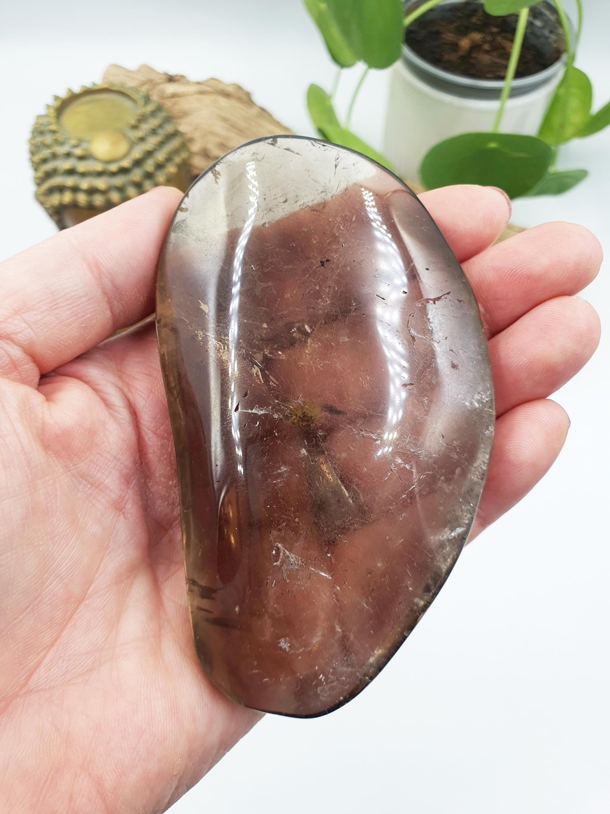 Large Unique Smoky Quartz Palm with shimmering inclusions / Smoky Quartz Palm Stone / Meditation Palm / Reiki Crystal Palm - 230g