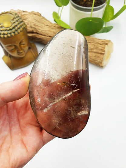 Large Unique Smoky Quartz Palm with shimmering inclusions / Smoky Quartz Palm Stone / Meditation Palm / Reiki Crystal Palm - 230g