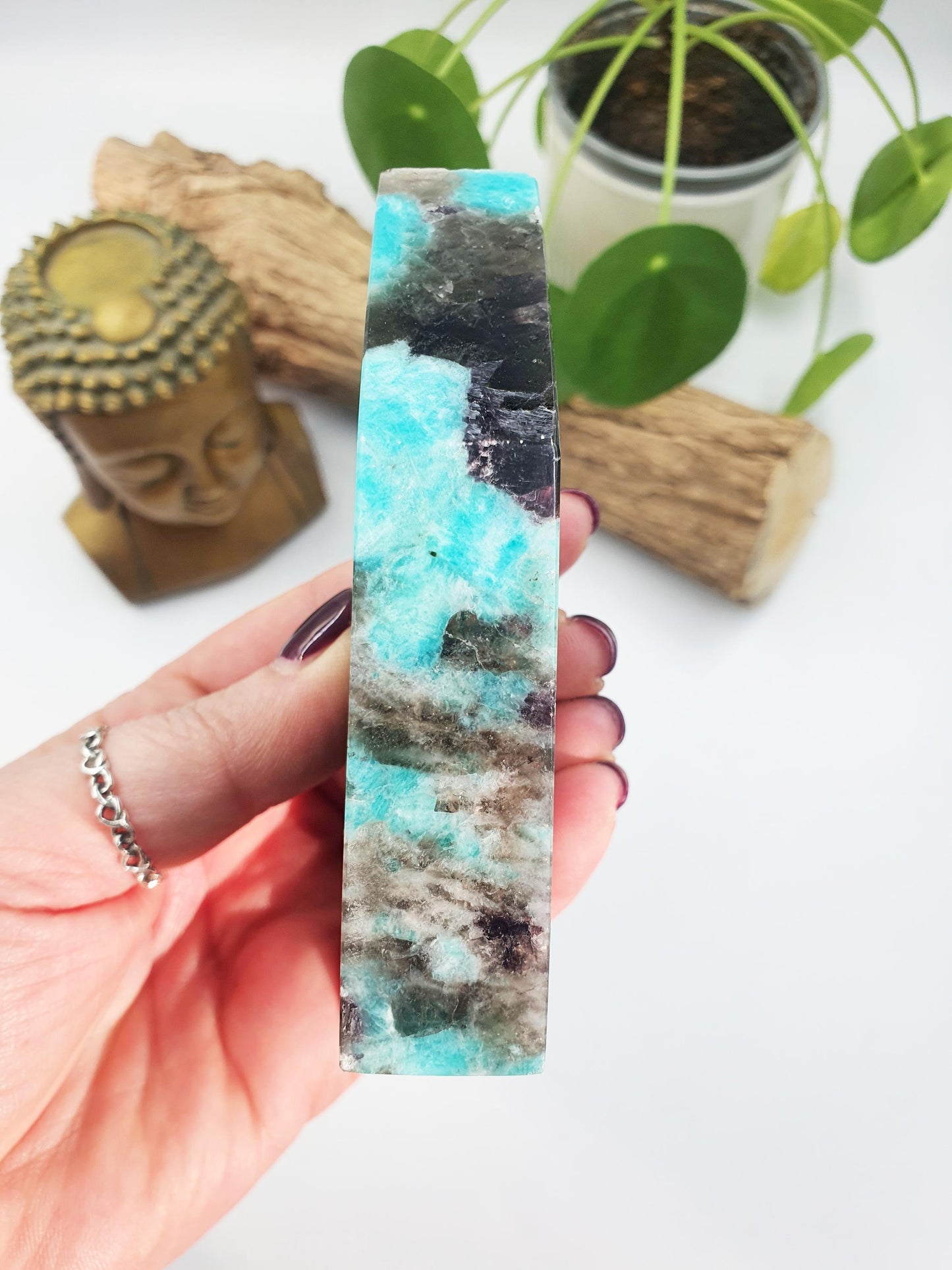 Flashy Amazonite and Smoky Quartz Slab / Amazonite Crystal Slice / Flashy Amazonite and Smoky Quartz Matrix Freeform - 260g