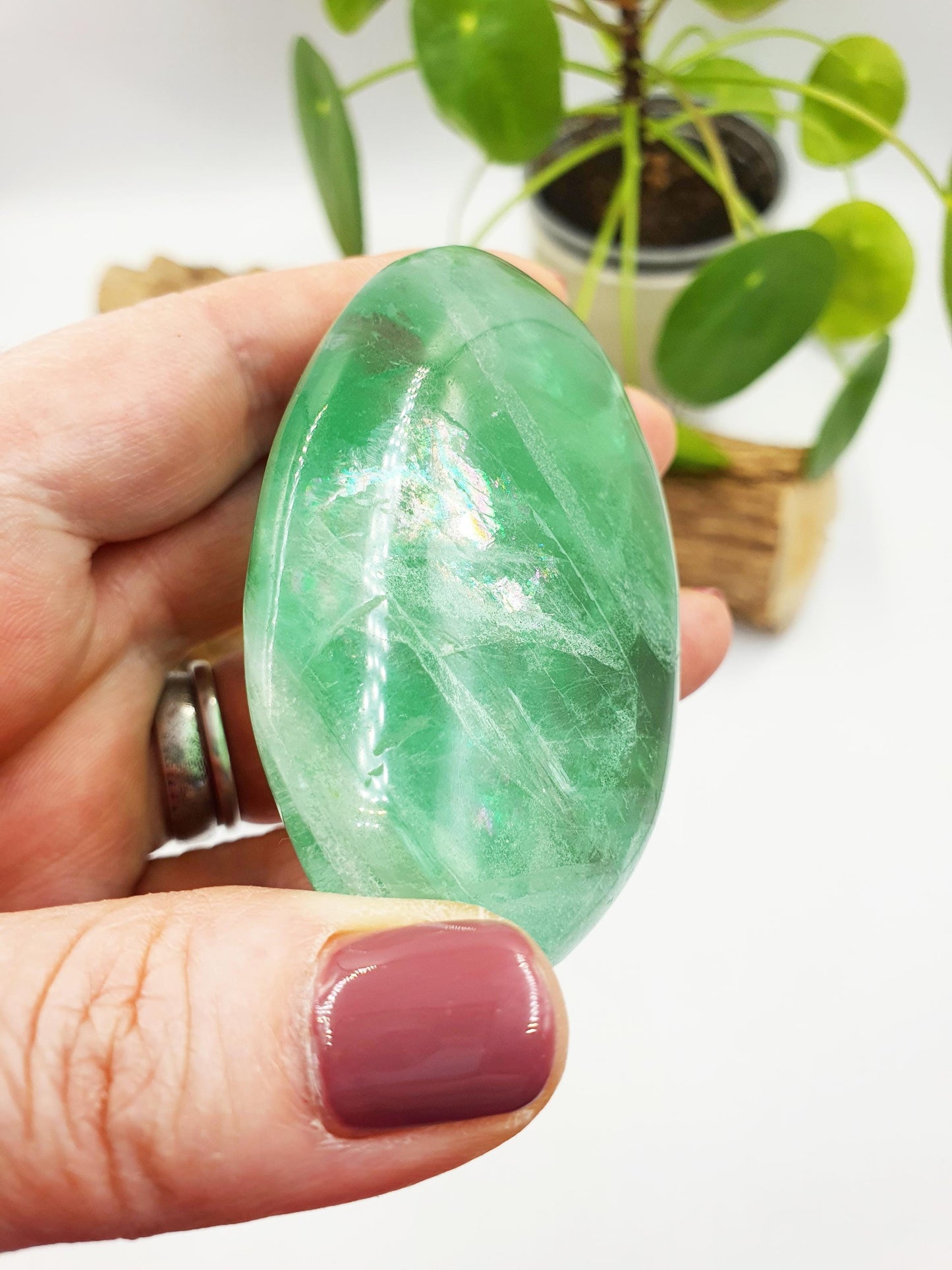 Large Beautiful Green Fluorite Palm with huge rainbows / Fluorite Palm / Fluorite Palmstone / Meditation Palm - 150g