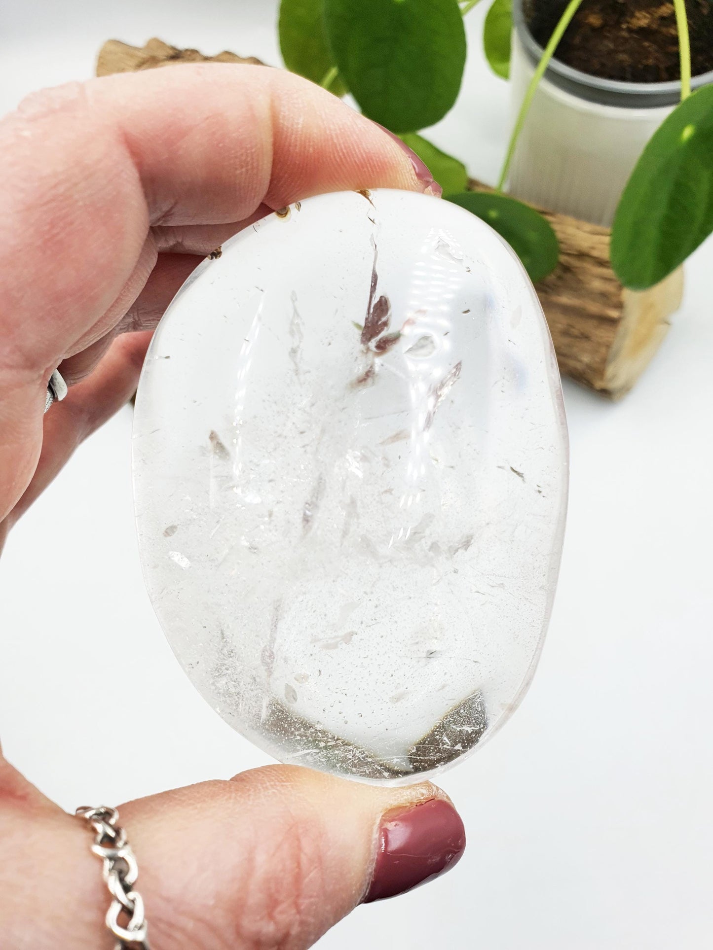 Large Clear Quartz Palm with shimmering inclusions and rainbow / Clear Quartz Palm Stone / Meditation Palm / Reiki Crystal Palm - 155g