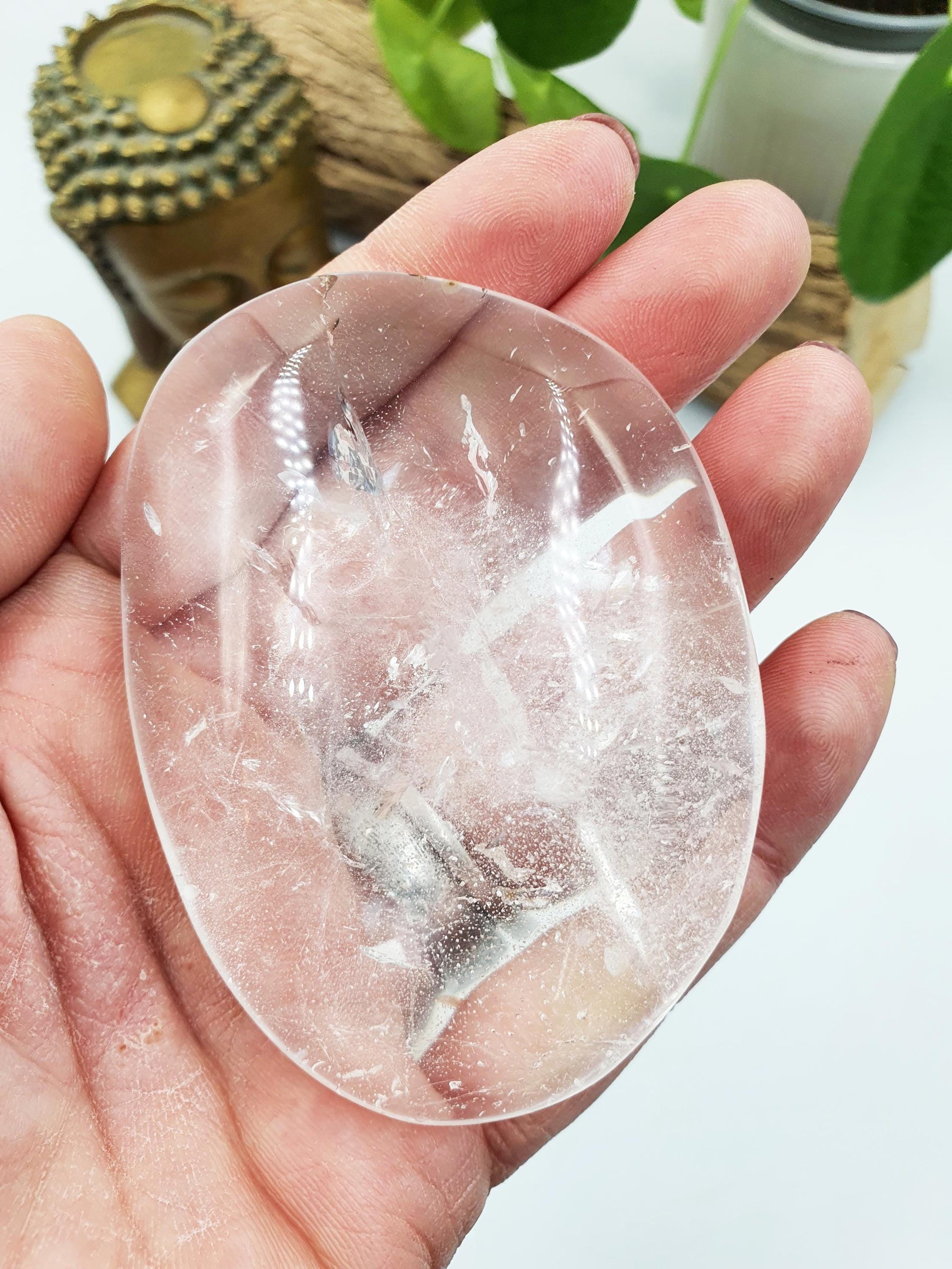 Large Clear Quartz Palm with shimmering inclusions and rainbow / Clear Quartz Palm Stone / Meditation Palm / Reiki Crystal Palm - 155g