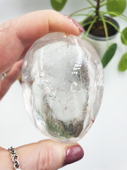 Clear Quartz Palm with shimmering inclusions, golden healer and rainbows / Clear Quartz Palm Stone / Pocket Stone / Meditation Palm - 165g