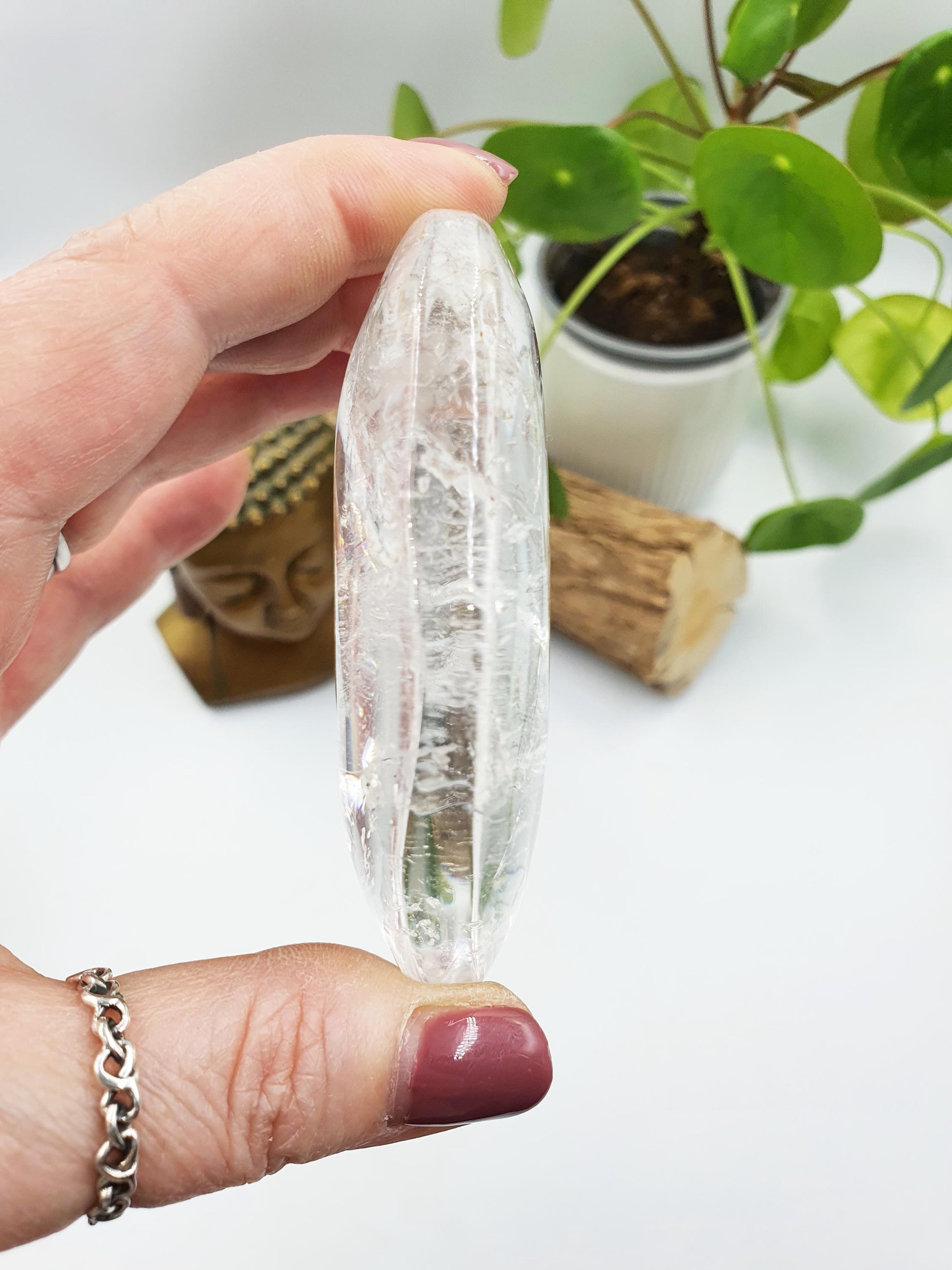 Large Clear Quartz Palm with shimmering inclusions and rainbow / Clear Quartz Palm Stone / Meditation Palm / Reiki Crystal Palm - 175g