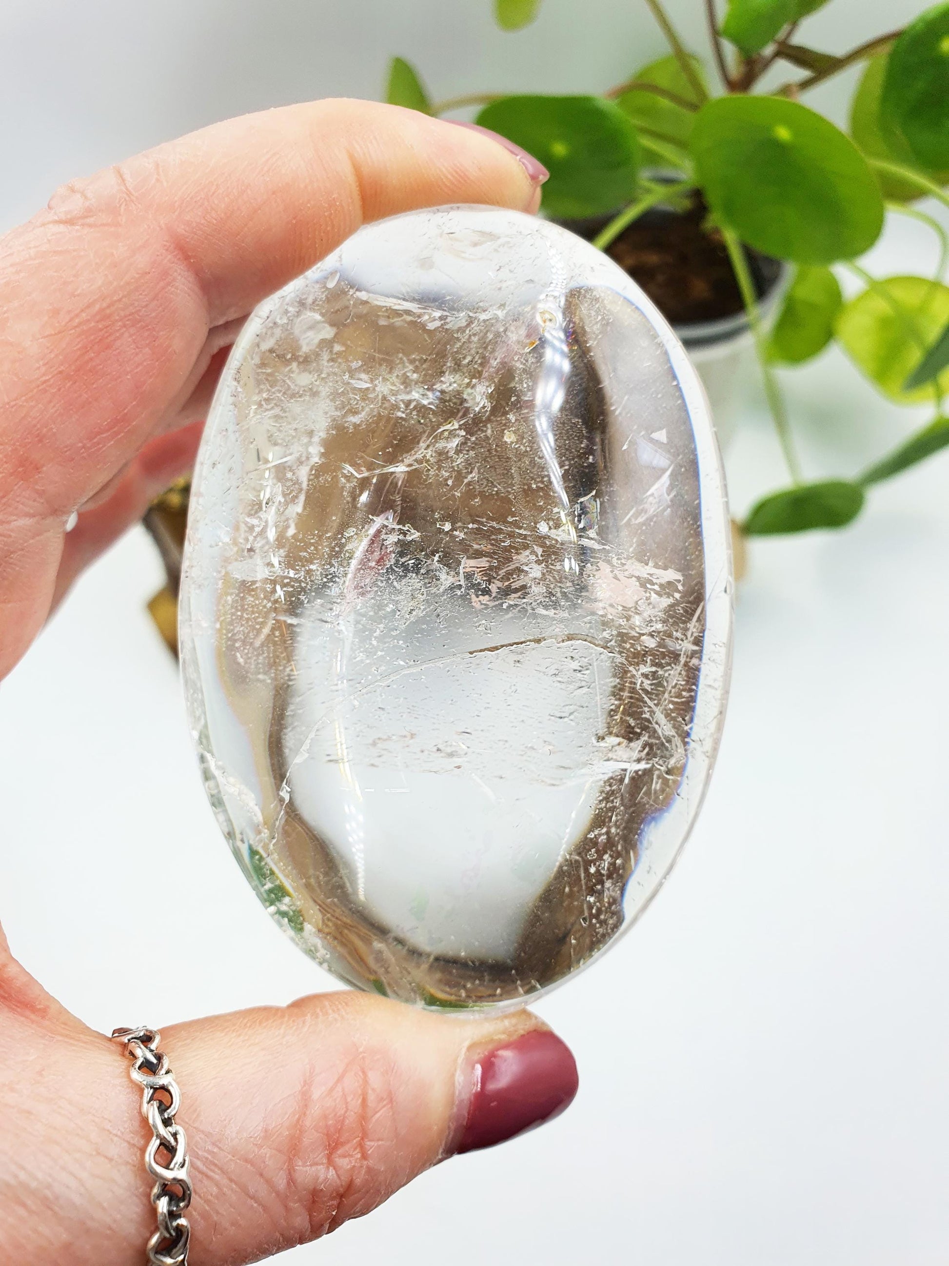 Large Clear Quartz Palm with shimmering inclusions and rainbow / Clear Quartz Palm Stone / Meditation Palm / Reiki Crystal Palm - 175g