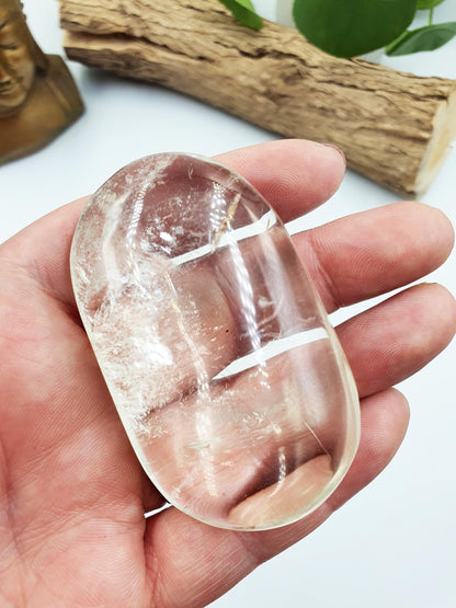 Clear Quartz Palm with shimmering inclusions/ Clear Quartz Palm Stone / Pocket Stone / Clear Quartz Meditation Palm - 95g