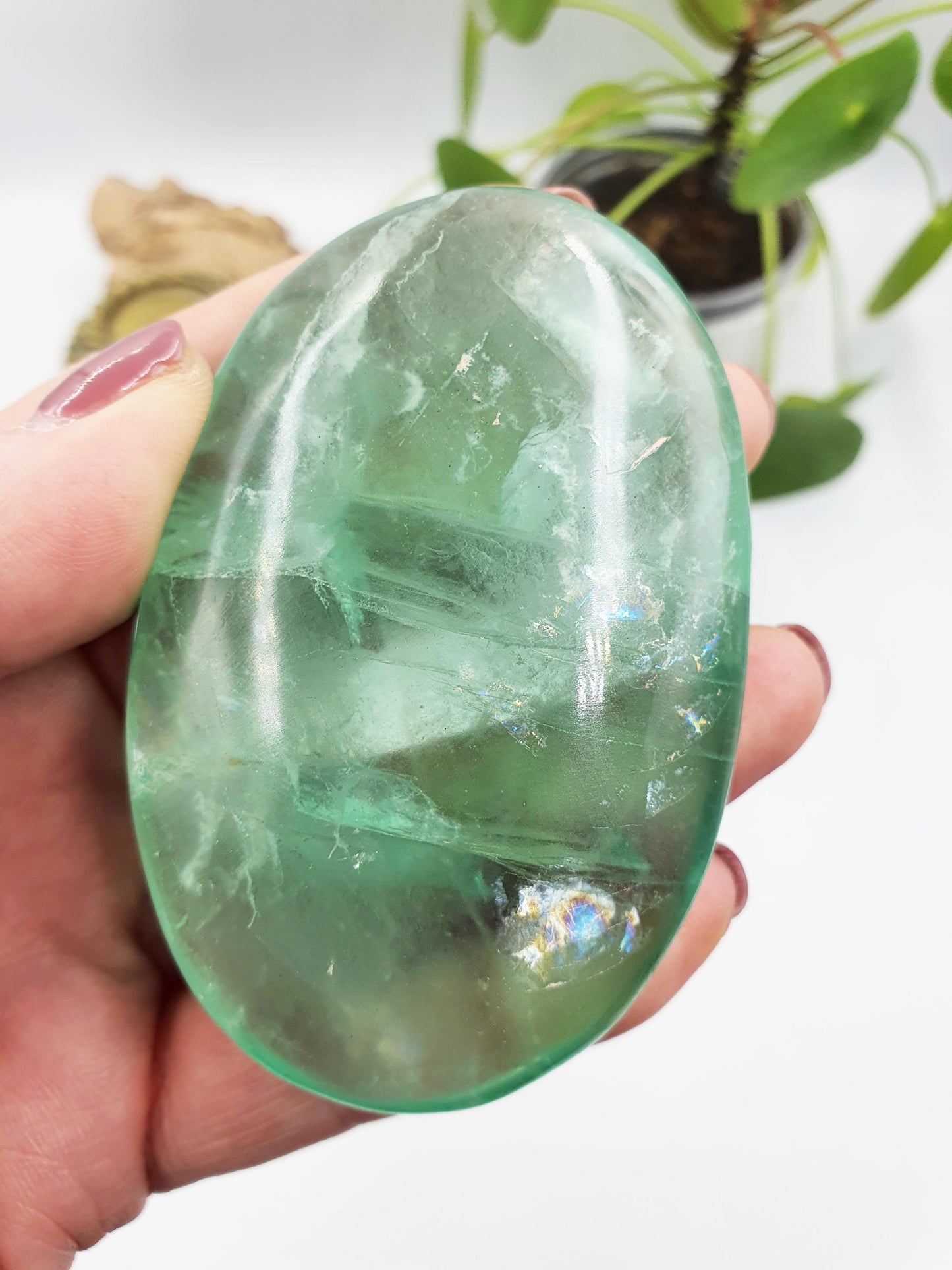 Large Beautiful Green Fluorite Palm with huge rainbows / Fluorite Palm / Fluorite Palmstone / Meditation Palm - 180g