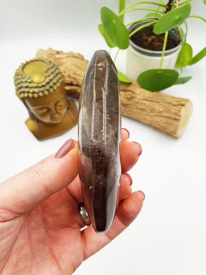 Large Unique Smoky Quartz Palm with shimmering inclusions / Smoky Quartz Palm Stone / Meditation Palm / Reiki Crystal Palm - 230g