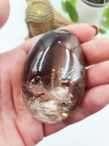 High Grade Smoky Quartz Palm full of rainbows / Smoky Quartz Palm Stone / Meditation Palm / Reiki Crystal Palm - 135g