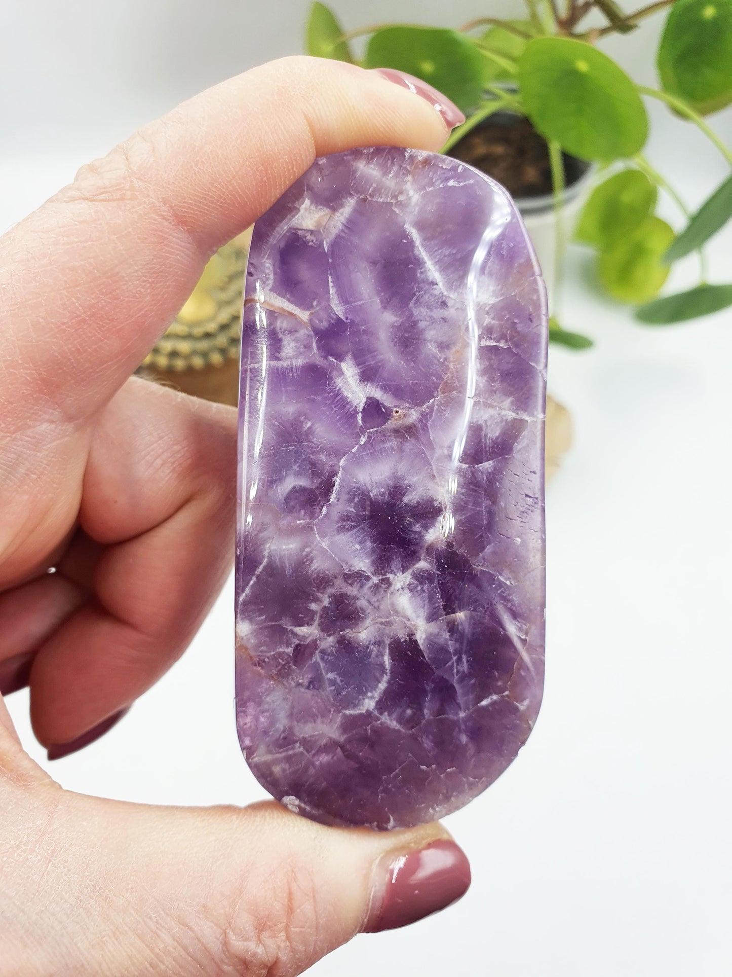 Large Unique Dream Amethyst Palm / Dream Amethyst Palm Stone / Chevron Amethyst Palm / Meditation Palm - 135g