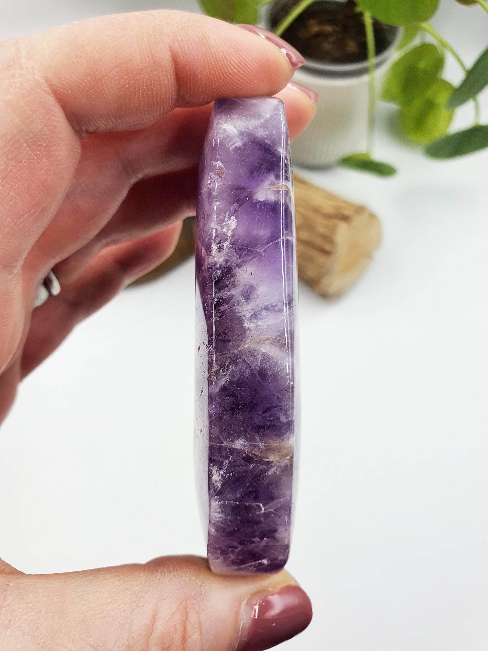 Large Unique Dream Amethyst Palm / Dream Amethyst Palm Stone / Chevron Amethyst Palm / Meditation Palm - 135g