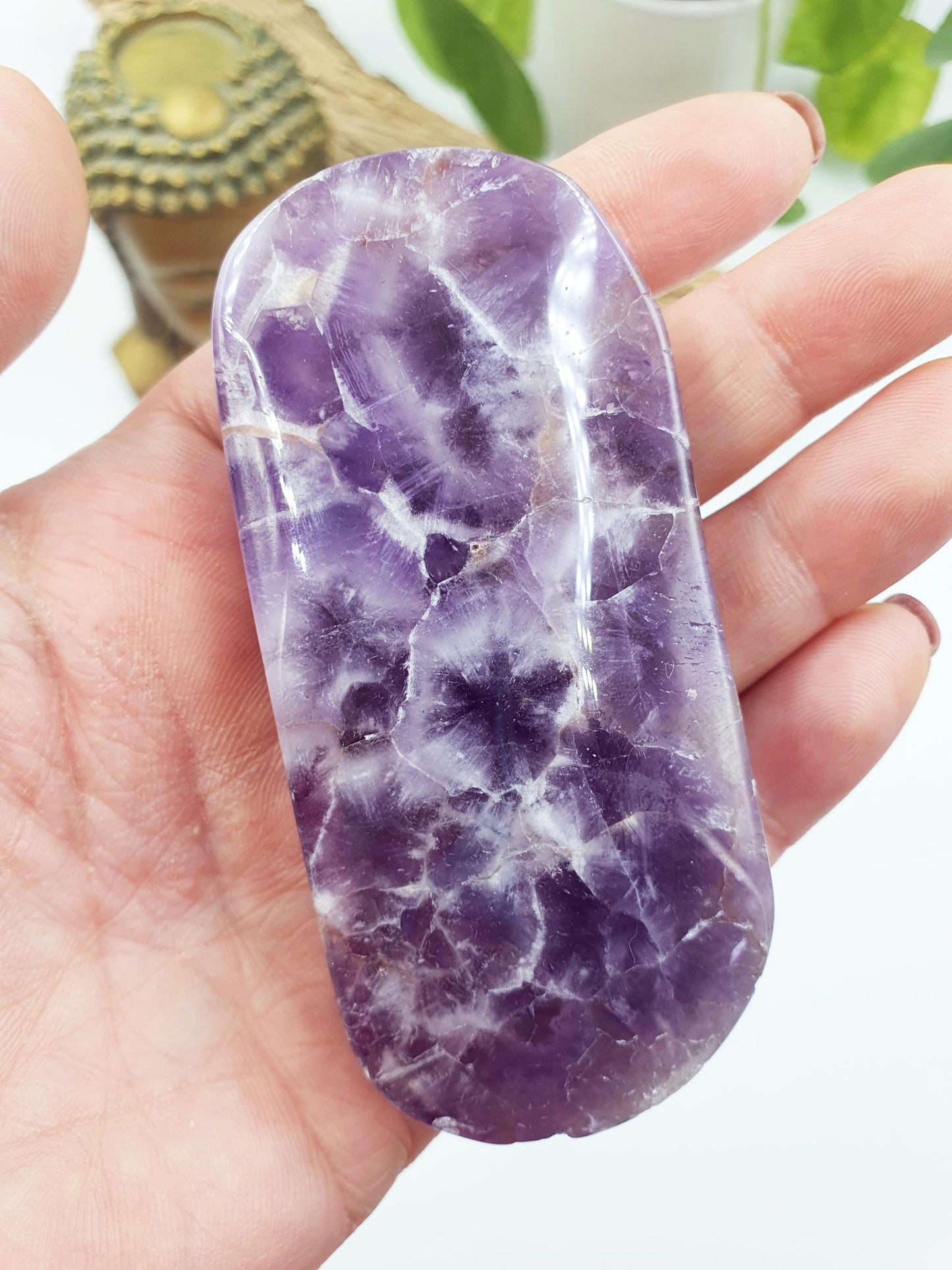 Large Unique Dream Amethyst Palm / Dream Amethyst Palm Stone / Chevron Amethyst Palm / Meditation Palm - 135g