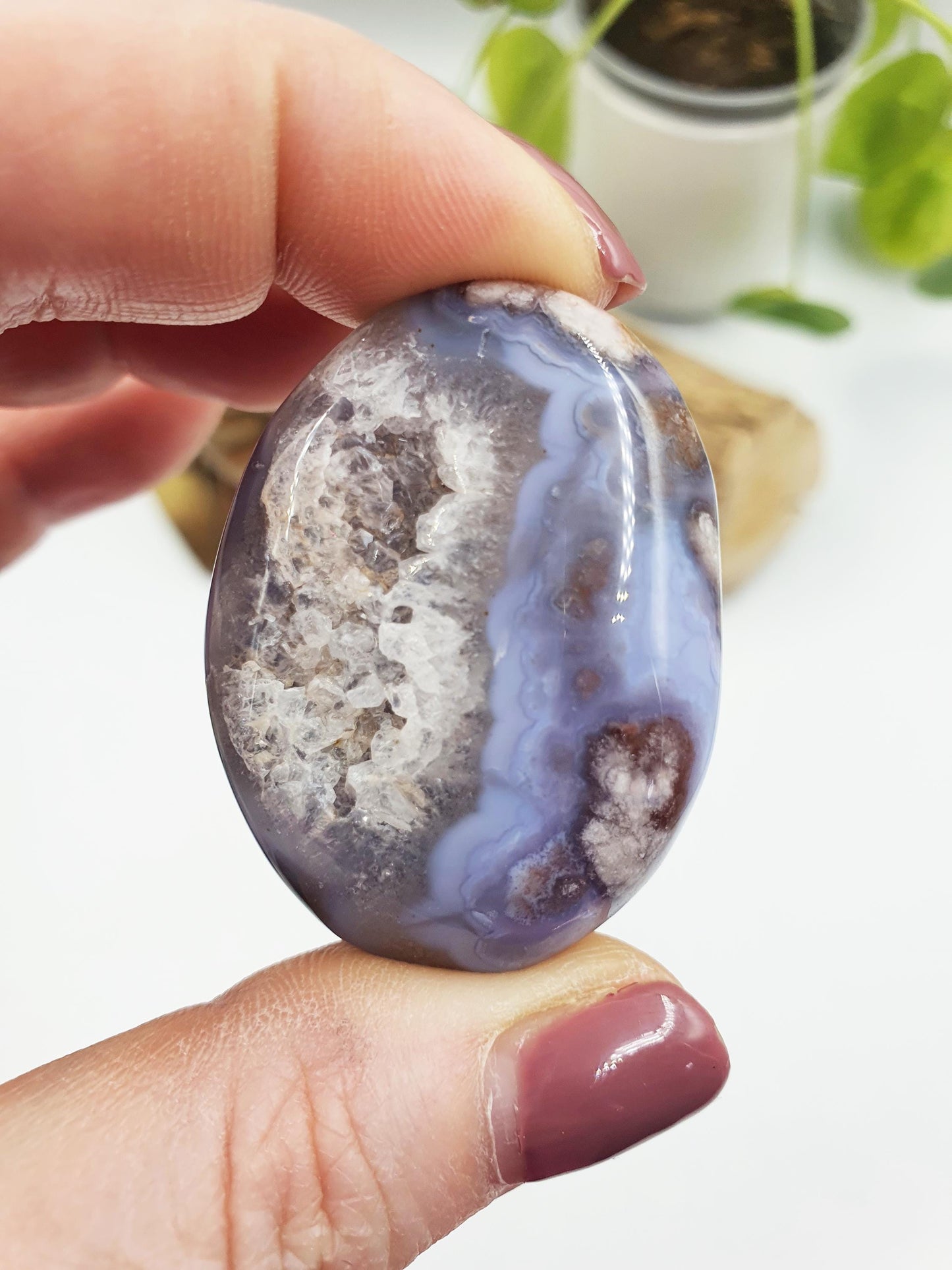 Cute Blue Flower Agate Drusy Palm / Sakura Agate Palm Stone / Blue Flower Agate Crystal / Meditation Palm - 40g