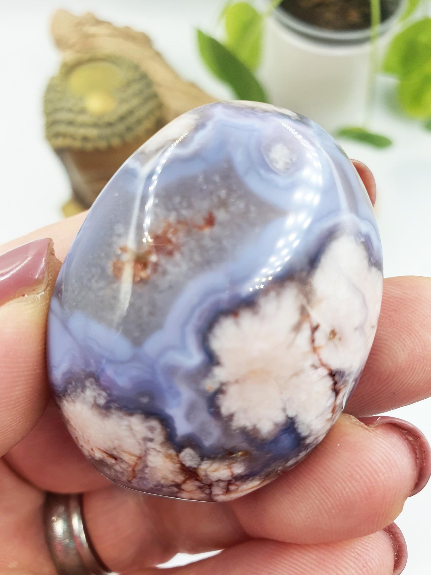 Cute Blue Flower Agate Drusy Palm / Sakura Agate Palm Stone / Blue Flower Agate Crystal / Meditation Palm - 40g