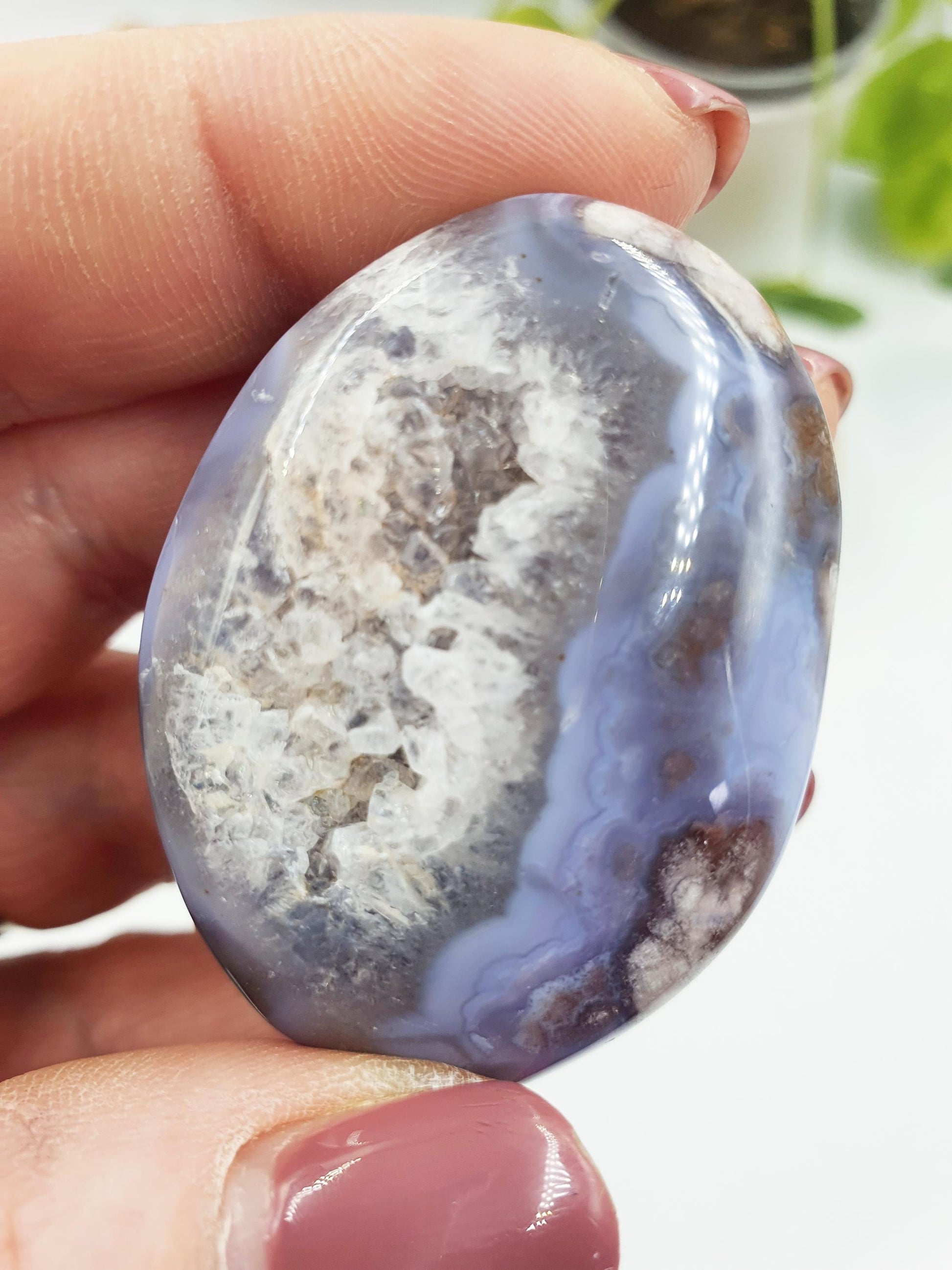 Cute Blue Flower Agate Drusy Palm / Sakura Agate Palm Stone / Blue Flower Agate Crystal / Meditation Palm - 40g