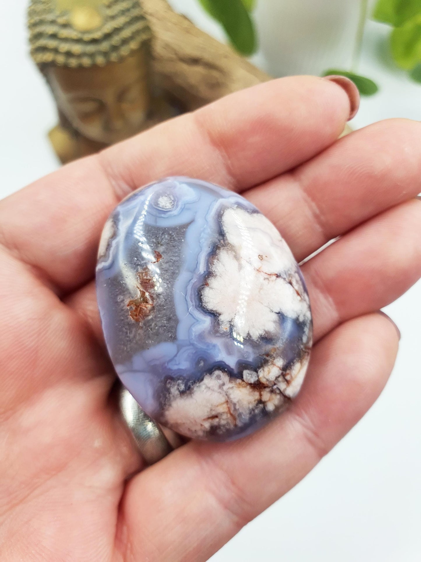 Cute Blue Flower Agate Drusy Palm / Sakura Agate Palm Stone / Blue Flower Agate Crystal / Meditation Palm - 40g