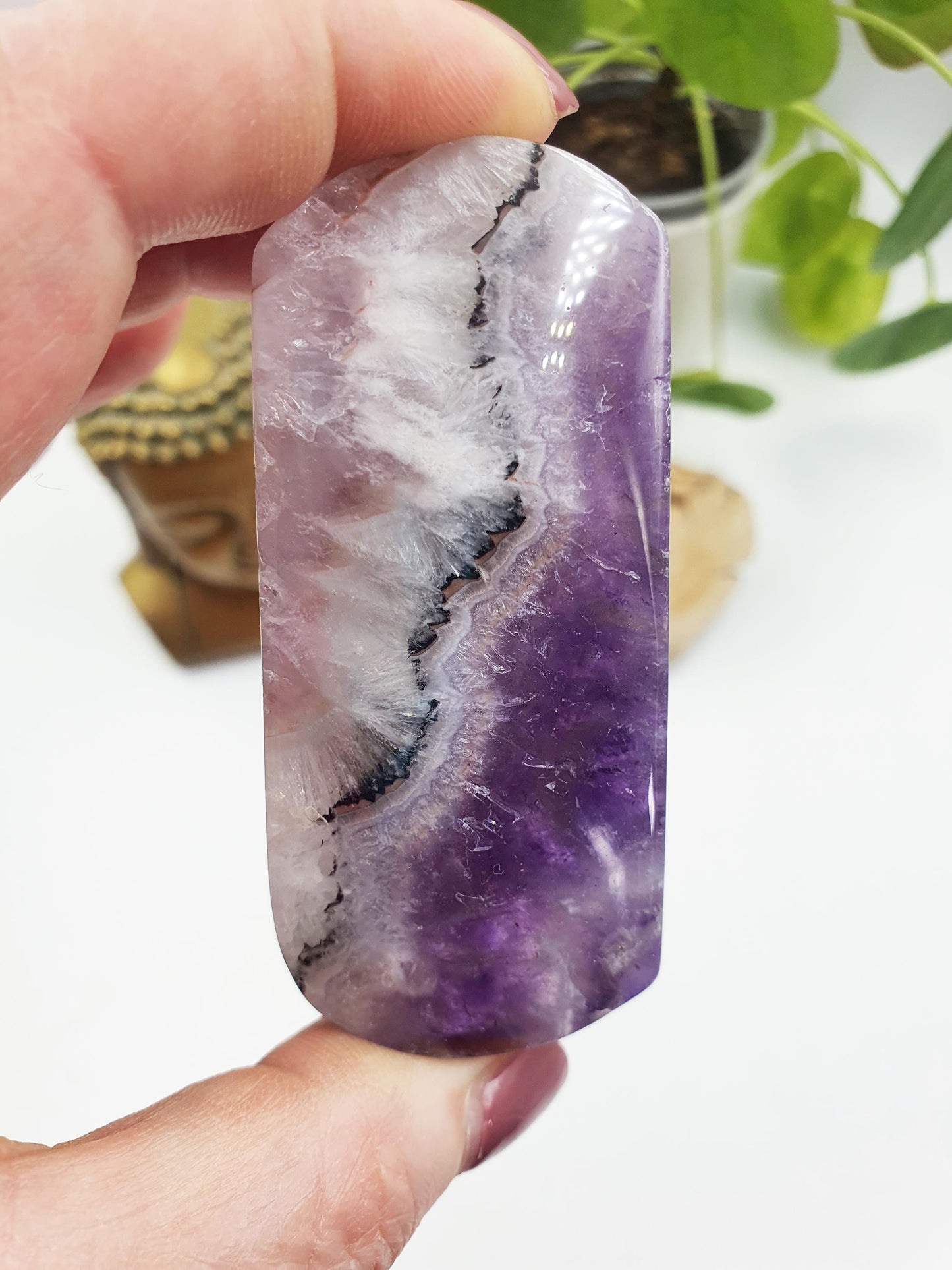 Large Unique Dream Amethyst Palm / Dream Amethyst Palm Stone / Chevron Amethyst Palm / Meditation Palm - 95g