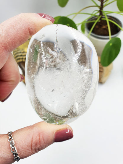 Large Clear Quartz Palm with shimmering inclusions and rainbow / Clear Quartz Palm Stone / Meditation Palm / Reiki Crystal Palm - 155g