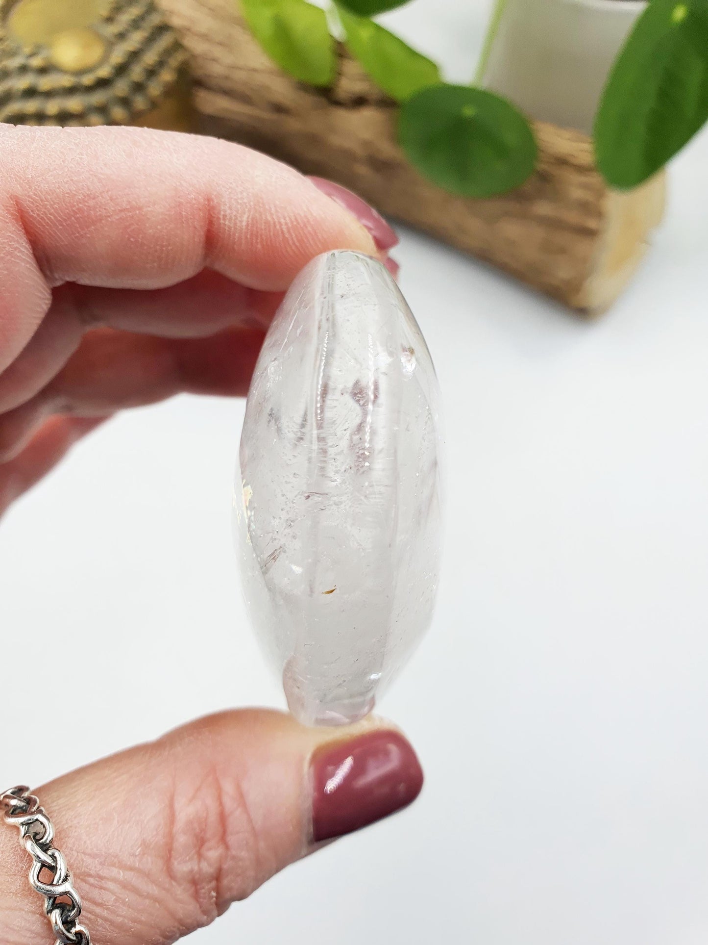 Large Clear Quartz Palm with shimmering inclusions and rainbow / Clear Quartz Palm Stone / Meditation Palm / Reiki Crystal Palm - 155g