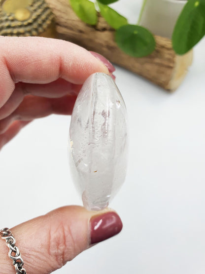 Large Clear Quartz Palm with shimmering inclusions and rainbow / Clear Quartz Palm Stone / Meditation Palm / Reiki Crystal Palm - 155g