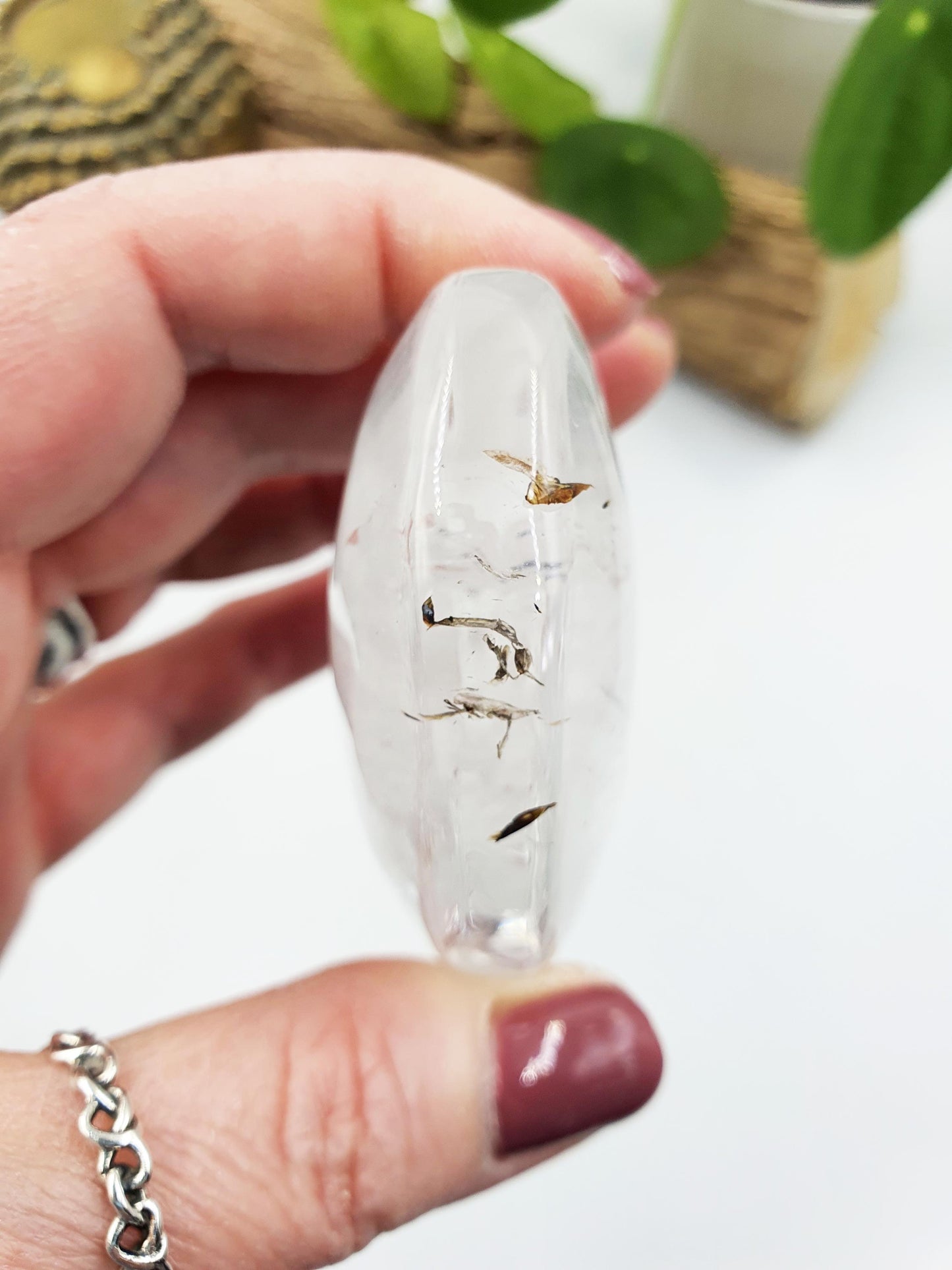 Large Clear Quartz Palm with shimmering inclusions and rainbow / Clear Quartz Palm Stone / Meditation Palm / Reiki Crystal Palm - 155g