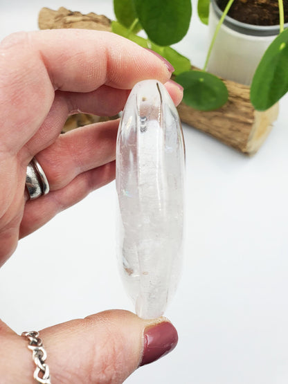 Large Clear Quartz Palm with shimmering inclusions and rainbow / Clear Quartz Palm Stone / Meditation Palm / Reiki Crystal Palm - 155g