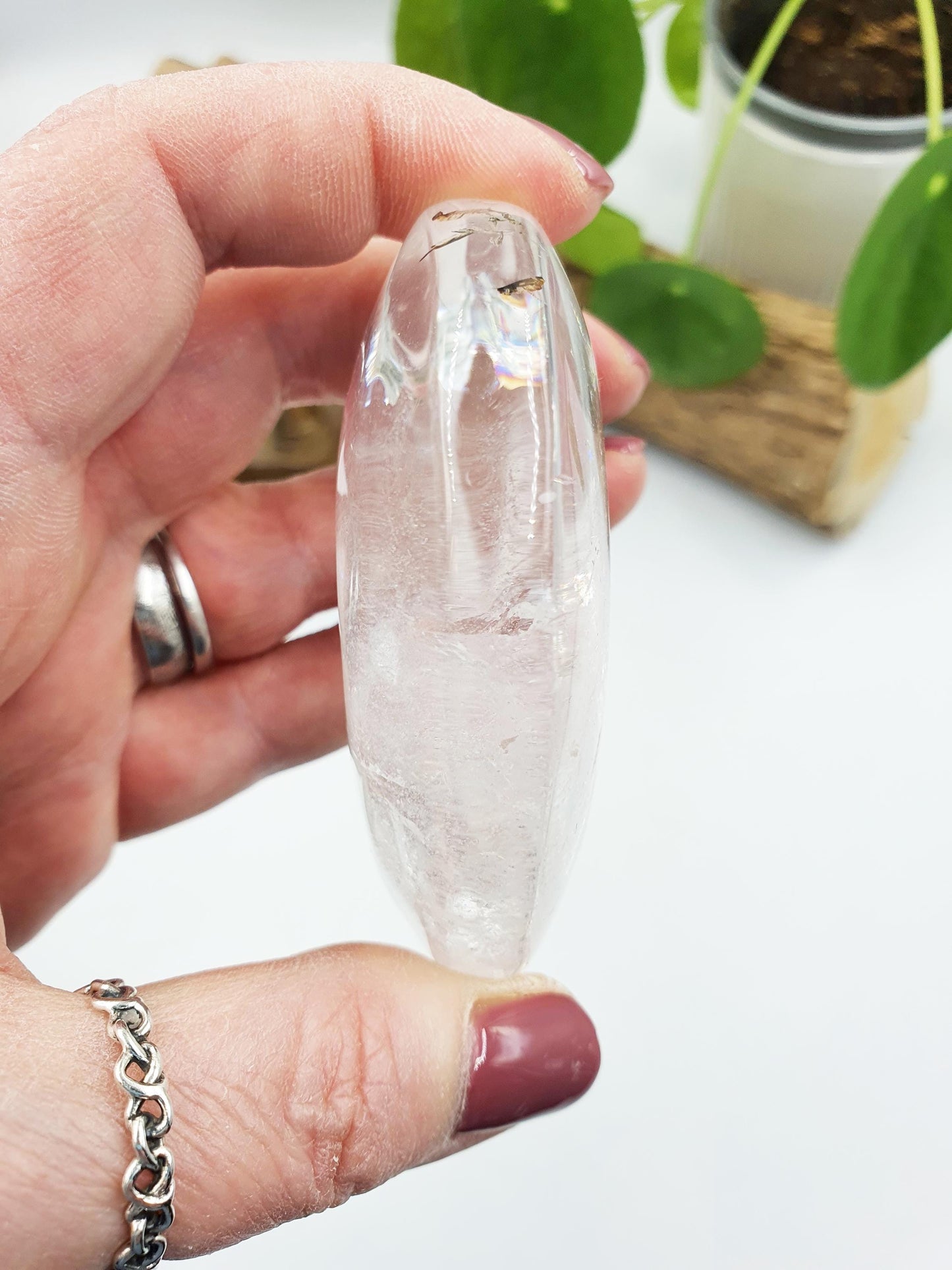 Large Clear Quartz Palm with shimmering inclusions and rainbow / Clear Quartz Palm Stone / Meditation Palm / Reiki Crystal Palm - 155g