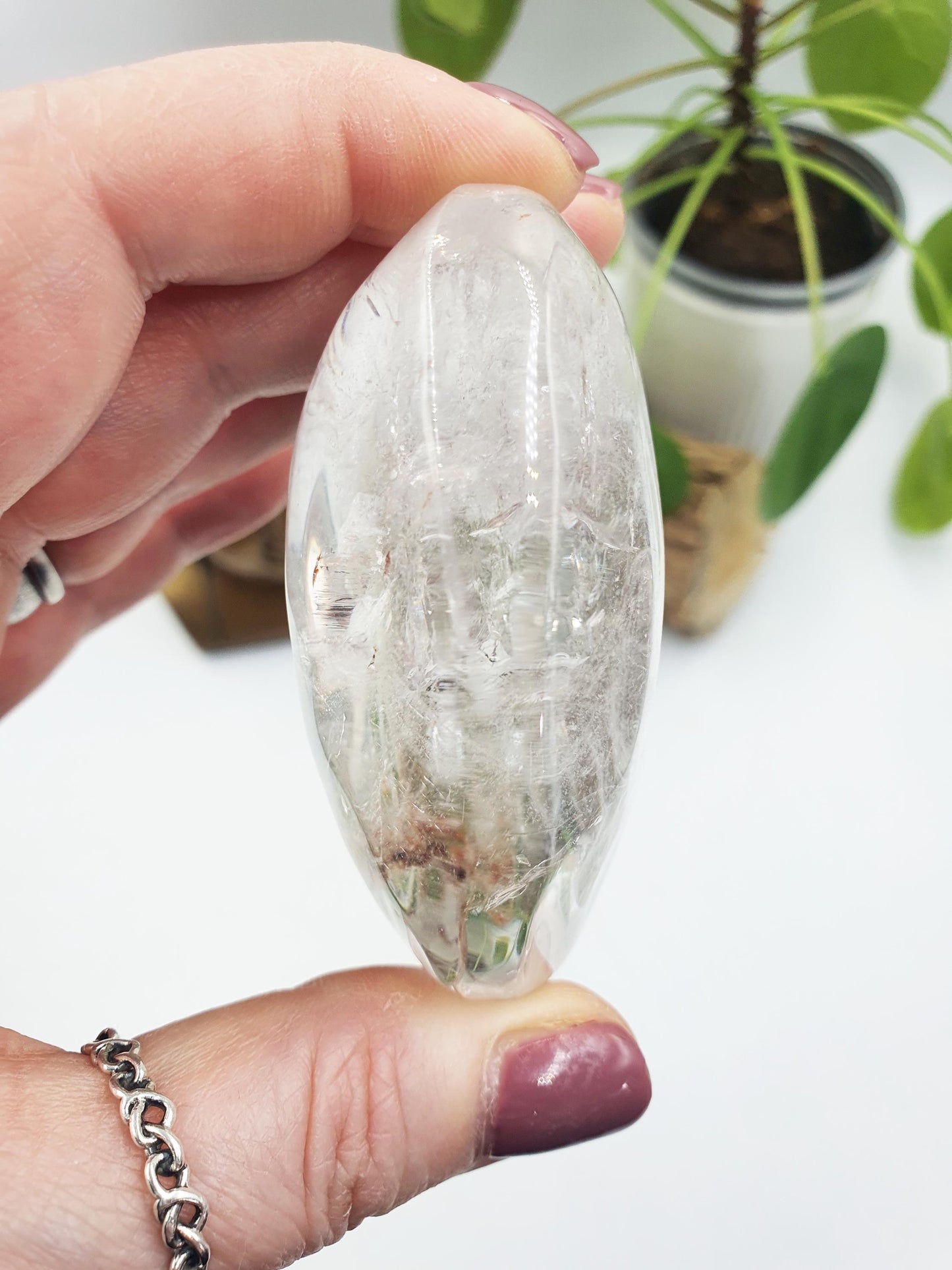 Clear Quartz Palm with shimmering inclusions, golden healer and rainbows / Clear Quartz Palm Stone / Pocket Stone / Meditation Palm - 165g