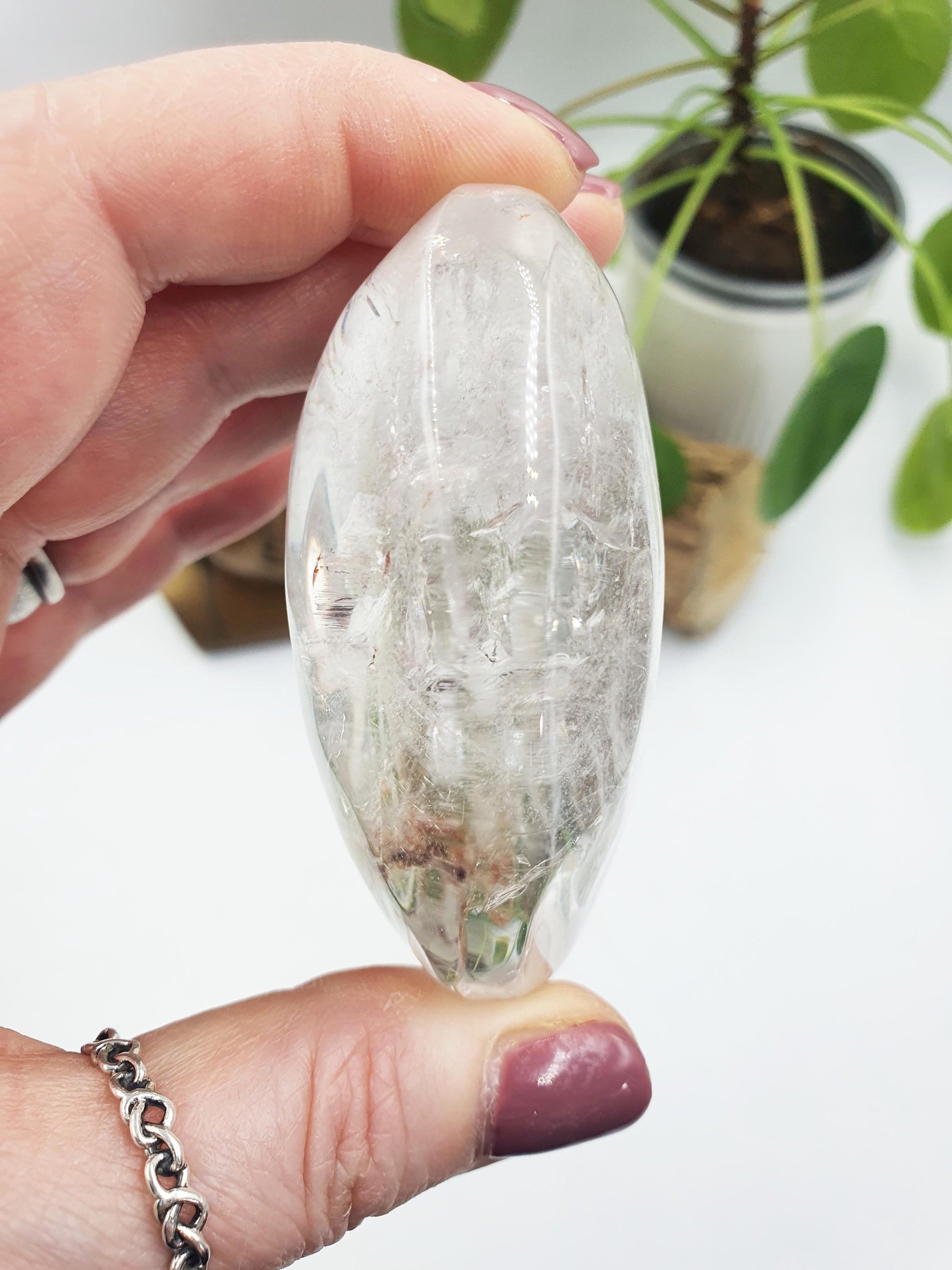 Clear Quartz Palm with shimmering inclusions, golden healer and rainbows / Clear Quartz Palm Stone / Pocket Stone / Meditation Palm - 165g