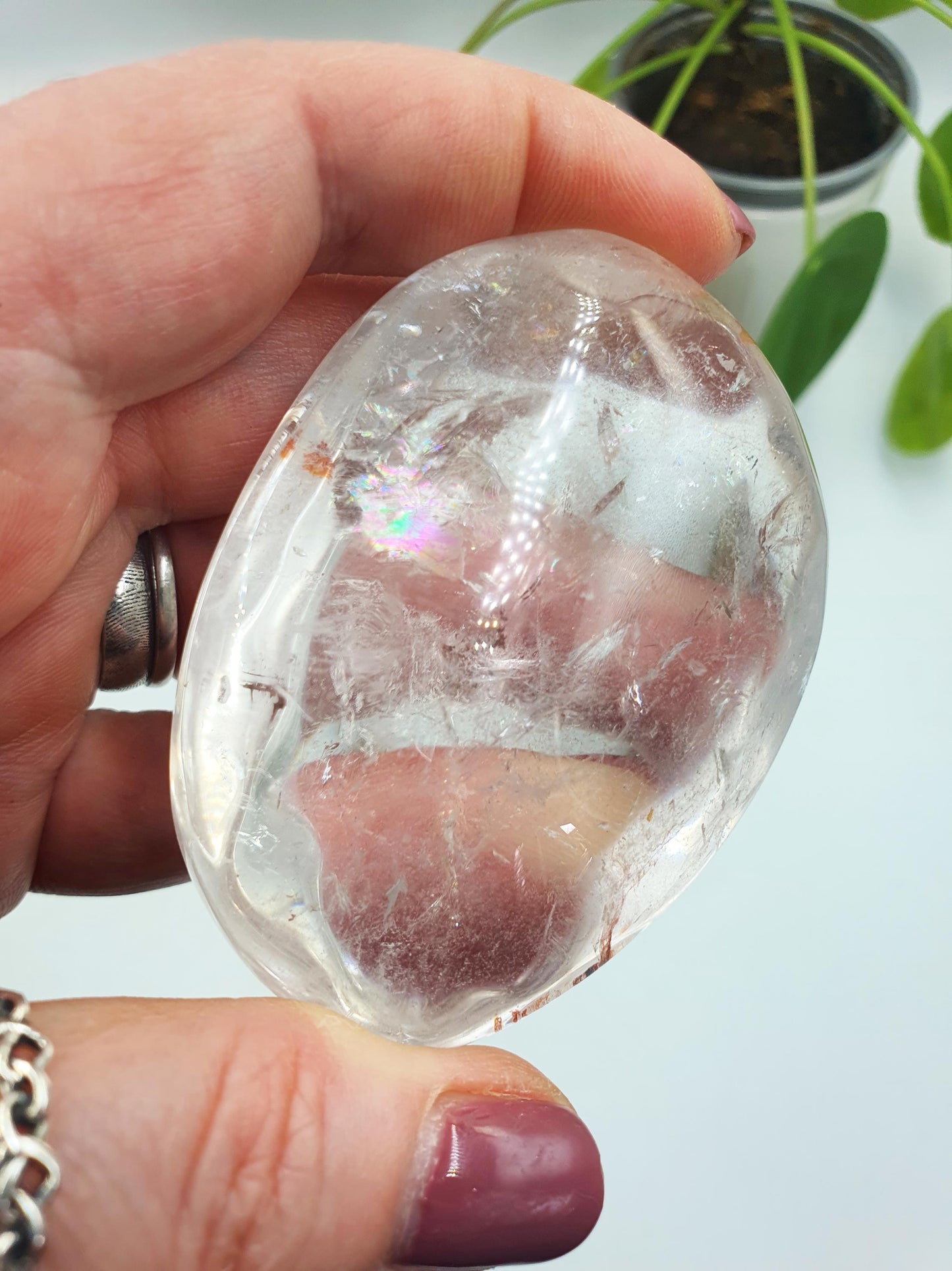 Clear Quartz Palm with shimmering inclusions, golden healer and rainbows / Clear Quartz Palm Stone / Pocket Stone / Meditation Palm - 165g