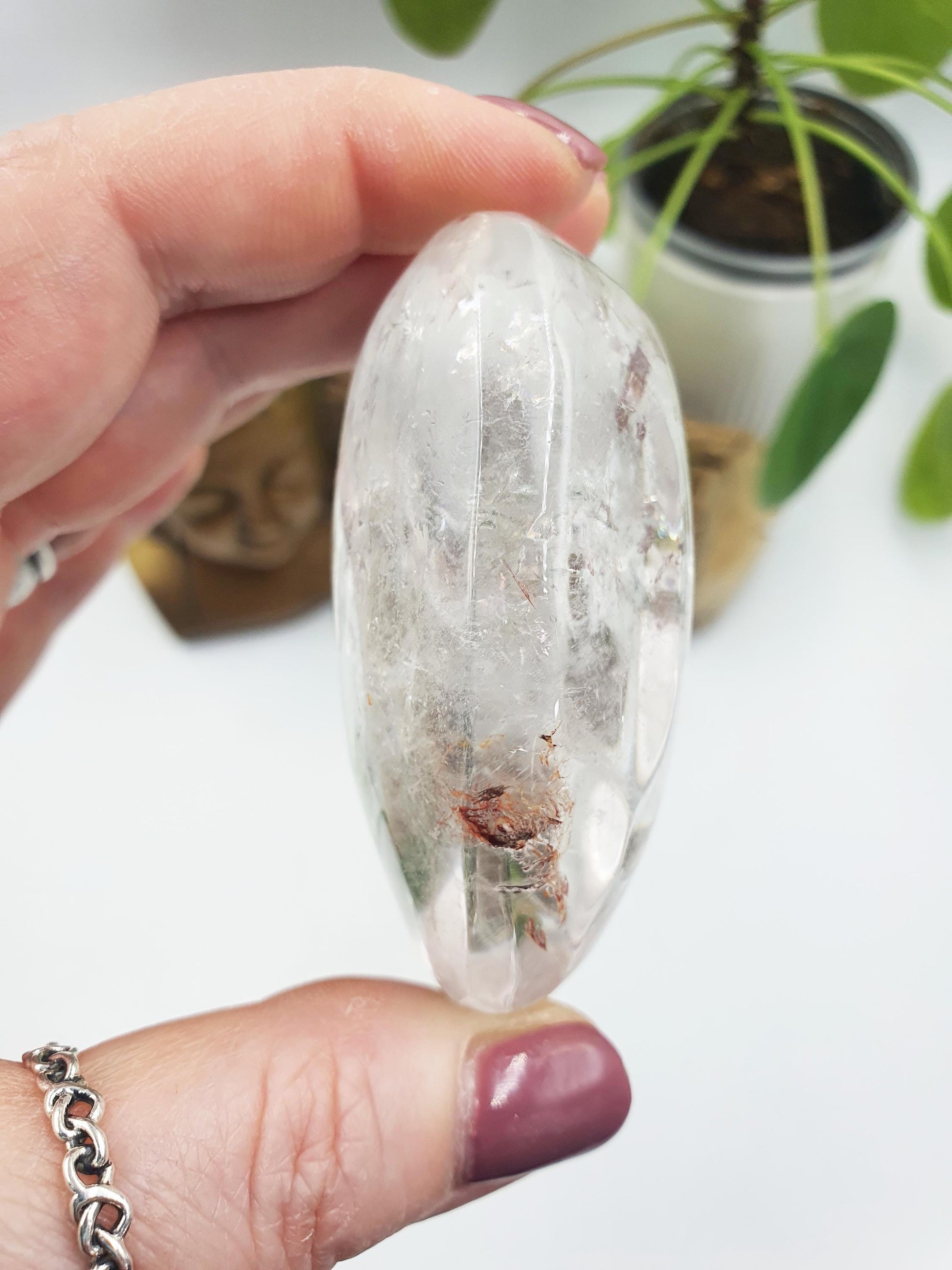 Clear Quartz Palm with shimmering inclusions, golden healer and rainbows / Clear Quartz Palm Stone / Pocket Stone / Meditation Palm - 165g