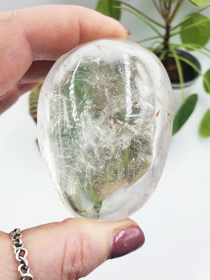 Clear Quartz Palm with shimmering inclusions, golden healer and rainbows / Clear Quartz Palm Stone / Pocket Stone / Meditation Palm - 165g