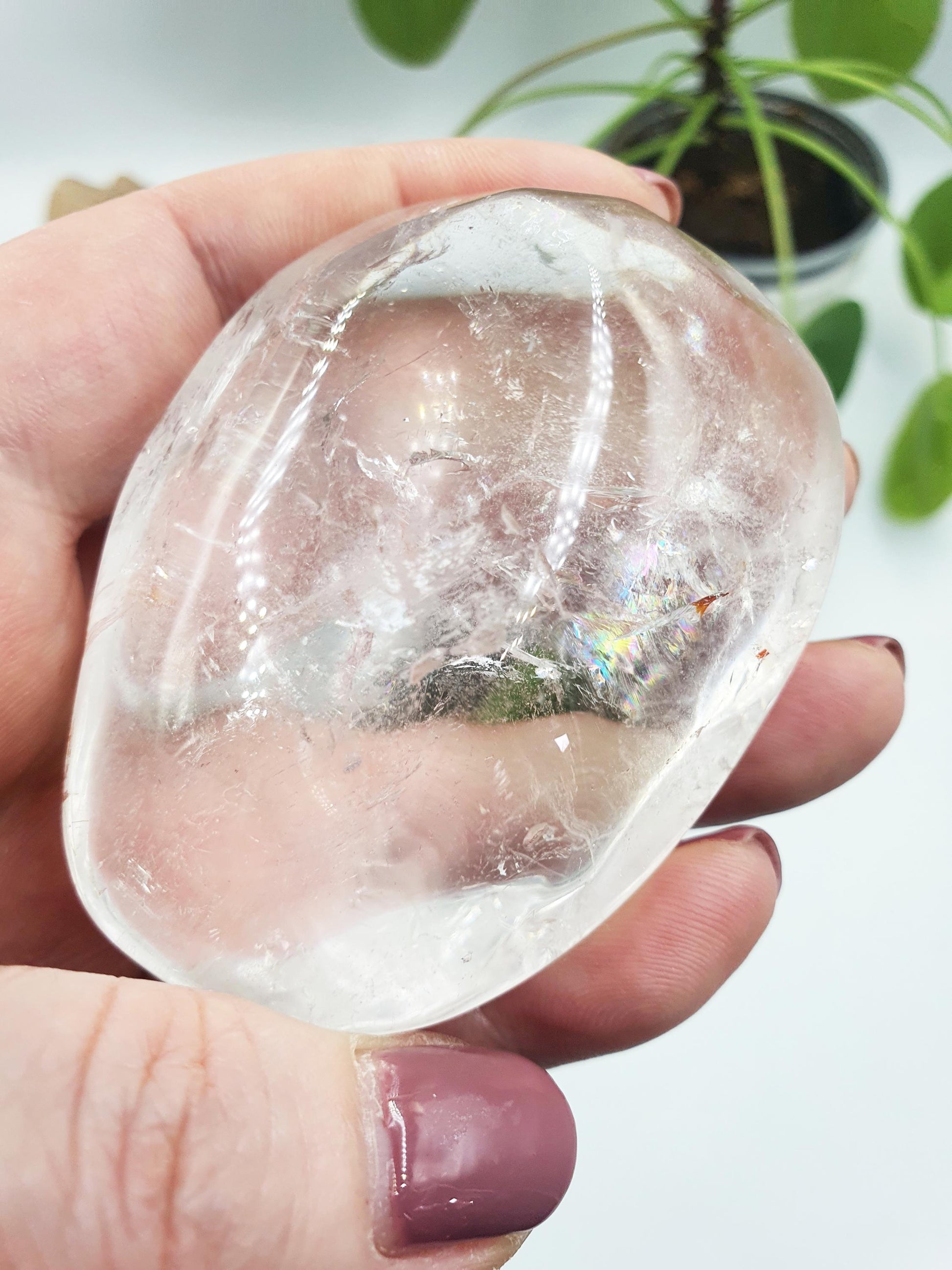 Clear Quartz Palm with shimmering inclusions, golden healer and rainbows / Clear Quartz Palm Stone / Pocket Stone / Meditation Palm - 165g