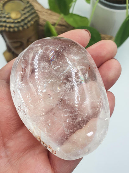 Clear Quartz Palm with shimmering inclusions, golden healer and rainbows / Clear Quartz Palm Stone / Pocket Stone / Meditation Palm - 165g