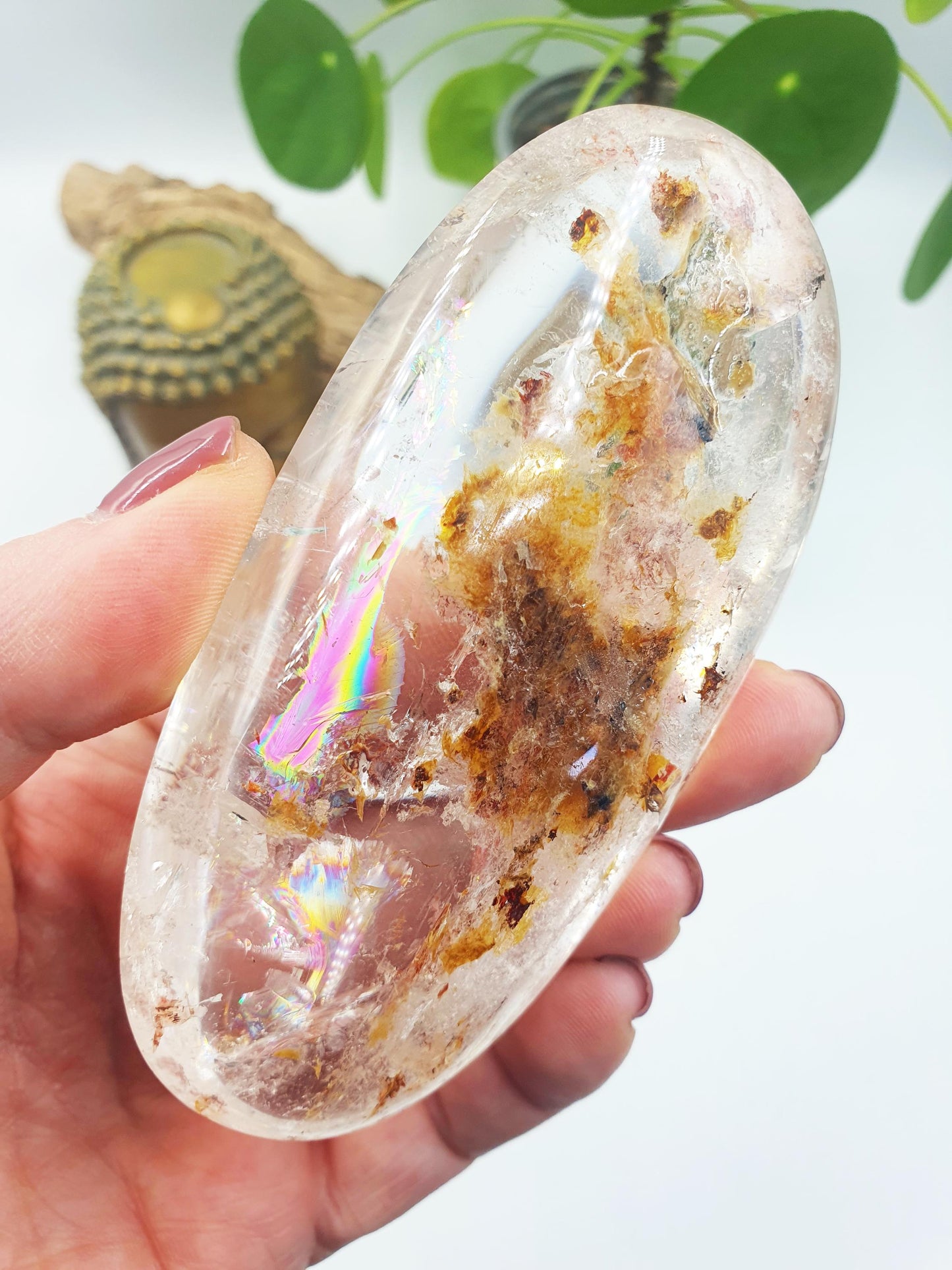 AMAZING A Grade Large Garden Quartz Palm with incredible rainbow/Lodolite Palm Stone / Garden Quartz Palm Stone / Meditation Palm - 280g